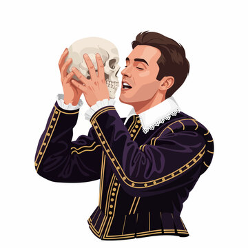 Male Actor in Shakespearean Tunic Holding Skull in Dramatic Theater Monologue