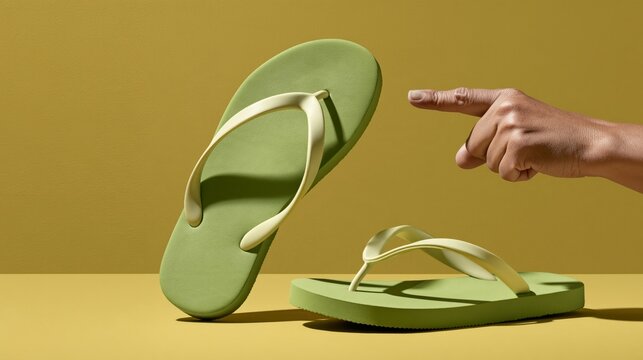Pair of flip-flops arguing, one pointing at the other, warm yellow wall, copy space