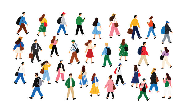 Group of diverse people walking in different clothes and carrying backpacks and bags illustrated as a collection of small pixel art characters in a top view perspective for urban design