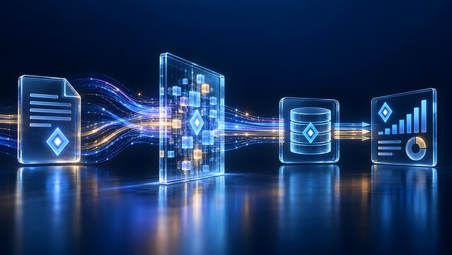 Futuristic digital data processing pipeline showing information flow from documents to analytics with glowing blue light trails on dark background for technology and business concepts.