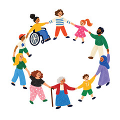 Fototapeta premium Diverse group of happy people of different ages and backgrounds holding hands in a circle representing community unity and inclusion in a flat colorful vector illustration style