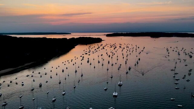 Aerial view of Northport Harbor at sunset, United States.