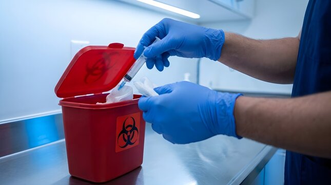 A professional healthcare worker in blue nitrile gloves carefully disposing of a used medical syringe and contaminated gauze into a red biohazard sharps waste container in a laboratory.