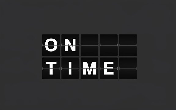 On Time text on mechanical flip clock display, vintage airport departure board style, black analog split-flap arrival sign