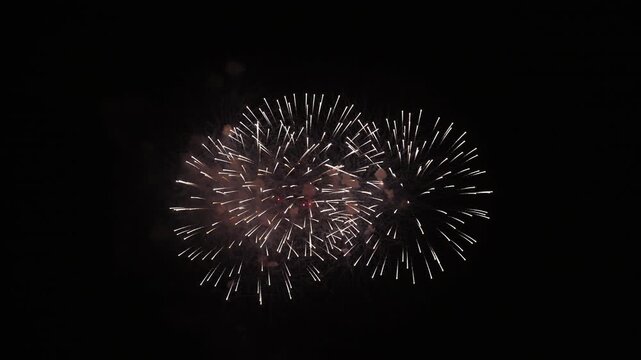 Bright fireworks exploding in the dark night sky during celebration event.