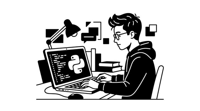Software developer coding on laptop with Python logo