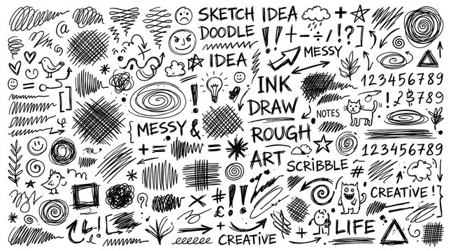Large collection of hand drawn doodles sketch notes and creative design elements.