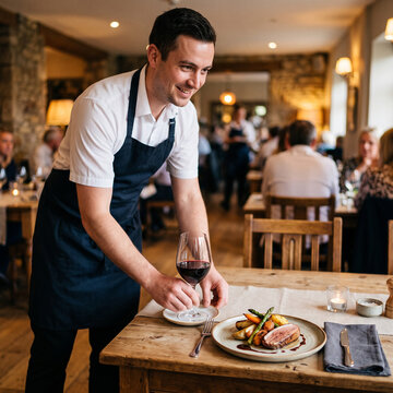Friendly waiter serving red wine glass next to gourmet duck dish in restaurant
