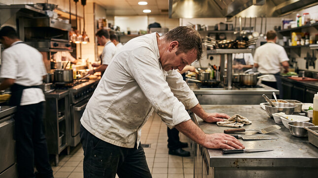Exhausted male chef leaning on stainless steel counter in busy commercial kitchen