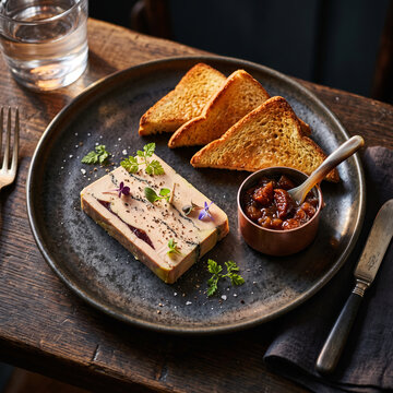 Gourmet slice of duck liver pate served with toasted brioche and chutney
