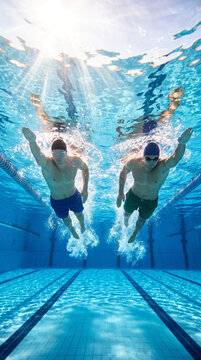 Underwater view of two male swimmers executing crawl stroke in indoor pool