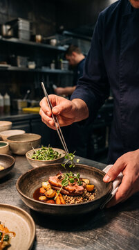 Professional chef placing delicate microgreens with tweezers on gourmet dish in kitchen