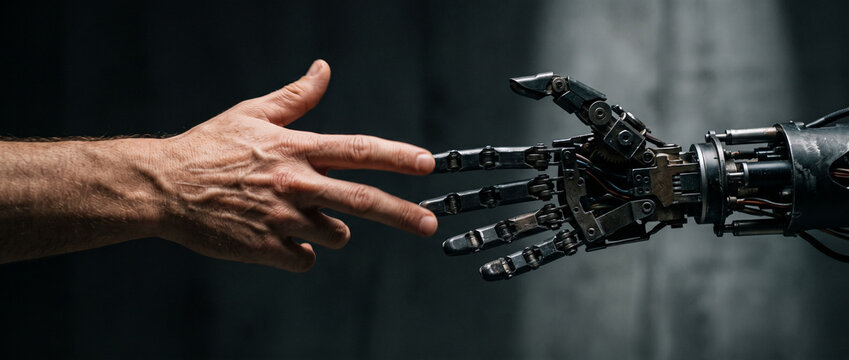 Human fingers reaching out to touch robotic mechanical hand on dark background