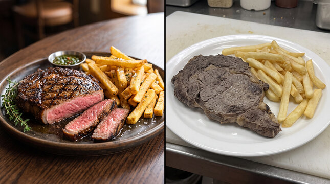 Side-by-side comparison of delicious juicy medium rare ribeye steak with fries versus overcooked dry steak