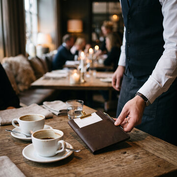 Waiter placing bill receipt on wooden table near coffee cups in cozy restaurant