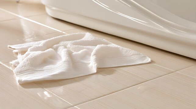 White towel lying on a clean bathroom floor next to a bathtub with bathroom accessories interior design tile floor bath time daily routine bath mat bathroom decor home interior floor tiles