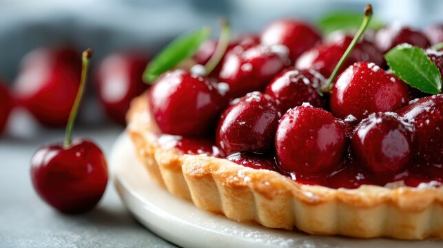 A luscious cherry pie adorned with glistening cherries, perfect for any dessert table, showcasing rich colors and an inviting presentation to tantalize the senses.