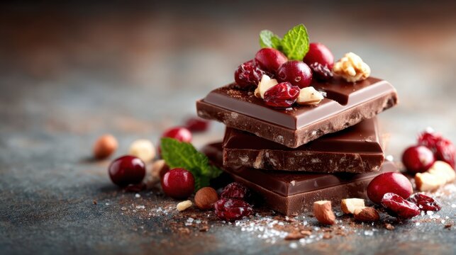 An artistic display of rich chocolate stacked with nuts and berries, highlighting the luxurious flavors and textures that chocolate lovers will find irresistible and delightful.