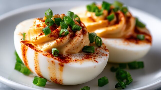A close-up of two perfectly prepared deviled eggs, garnished with fresh herbs and spices, embodying an elegant and tasty appetizer for gatherings and events.
