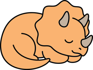Adorable cartoon triceratops dinosaur sleeping peacefully in a curled position with orange skin and grey horns on a plain white background © Bibi