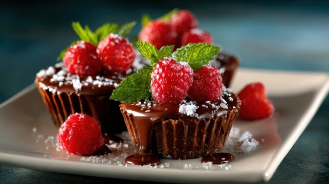 Indulge in this delectable chocolate cup topped with fresh raspberries and mint, perfectly presented on a stunning plate that enhances its allure.