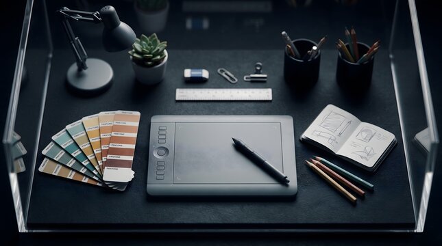 designer desk tablet, graphic swatches or creative workspace stationery, digital artist Diorama