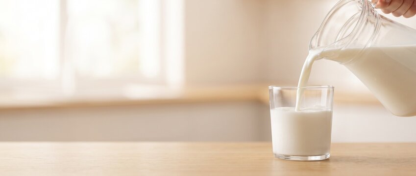 Verre de lait frais vers&eacute; d'une carafe en verre transparent sur table en ch&ecirc;ne clair avec espace publicitaire