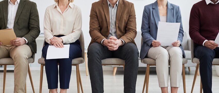  Five diverse job applicants waiting in modern corporate lobby before job interview with resumes in laps