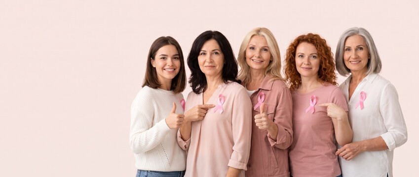 Group of five smiling diverse women of different ages wearing pink ribbons on pastel pink background with copy space, breast cancer awareness month October, solidarity and support concept banner