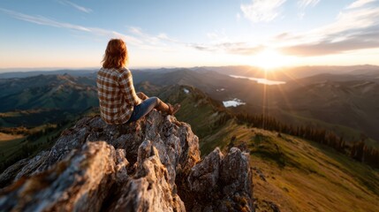 Fototapeta premium A serene scene of a person sitting on a rocky outcrop, gazing at the breathtaking mountain view during sunset, evoking feelings of solitude, reflection, and connection with nature.