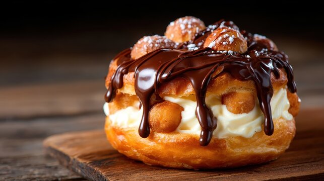 An indulgent dessert featuring a cream-filled pastry topped with rich chocolate and mini donuts, a delicious treat that is both visually appealing and scrumptious.