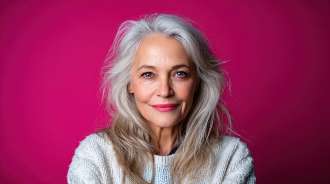 A graceful older woman with flowing silver hair and a captivating smile poses confidently against a vibrant pink backdrop, embodying beauty and self-assuredness.