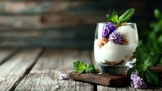 A delectable dessert featuring creamy ice cream topped with mint leaves and delicate flowers, creating a perfect harmony of flavor and aesthetics that is ideal for any sweet lover.
