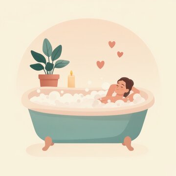 Woman relaxing in a bubble bath with candles