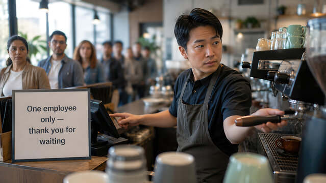 Solo Barista Preparing Coffee for Long Queue During Cafe Staff Shortage