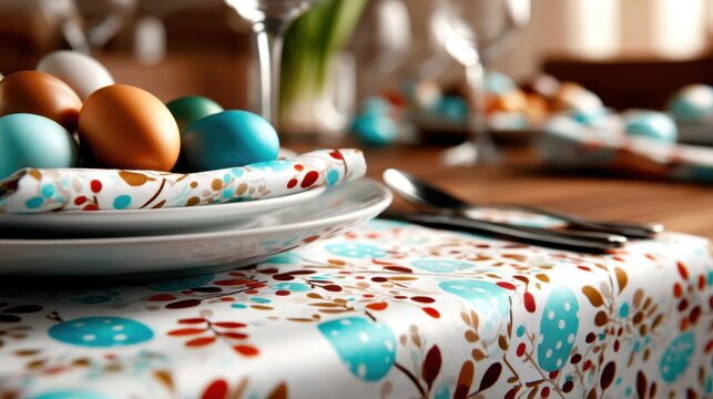 A beautifully arranged Easter table setting featuring colorful eggs, exquisite decor and a cheerful atmosphere ideal for family gatherings during festive occasions of celebration.