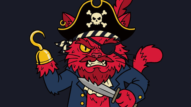 Cartoon red cat pirate mascot with hook and sword.