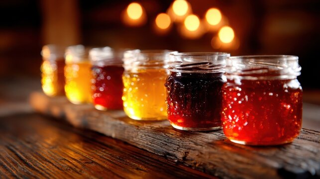 An inviting display of colorful jam jars lined on a rustic wooden plank, creating a warm ambiance that invites enjoyment of homemade sweetness and tradition.