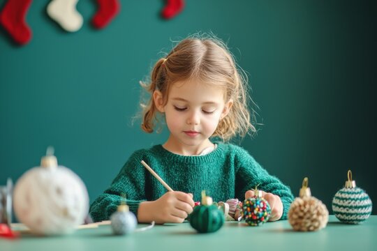 A young girl in a green sweater decorates colorful Christmas ornaments at a table with holiday decorations in the background.