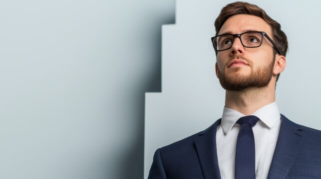 A confident young businessman in glasses and a suit looks upwards thoughtfully against a minimalist background.
