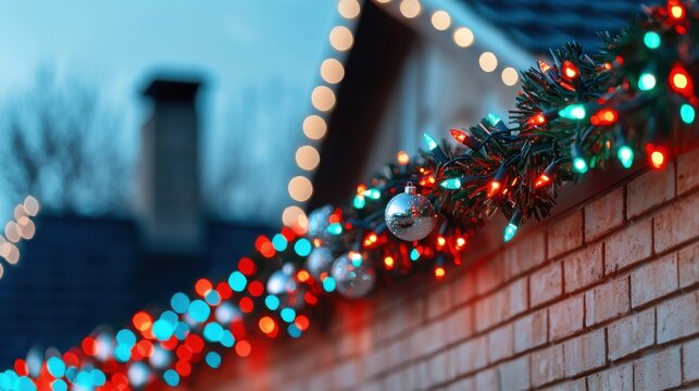 Colorful Christmas lights and silver ornaments decorate the edge of a brick rooftop at dusk, creating a festive holiday atmosphere.