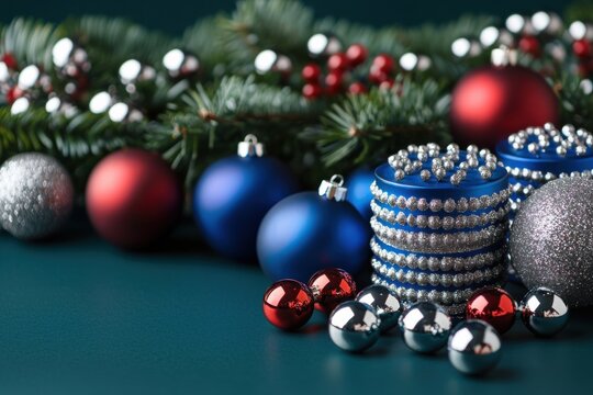Christmas ornaments in red, blue, and silver with pine branches in the background, creating a festive holiday atmosphere.
