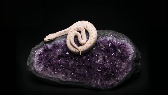 Albino Ball Python Coiled on Amethyst Geode Cluster on Black Background