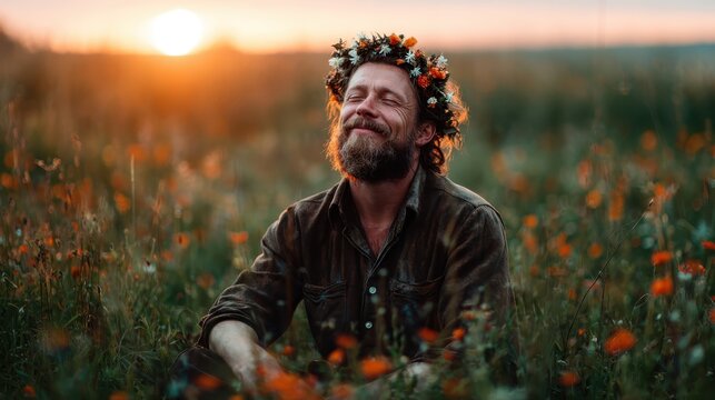 A serene man wearing a flower crown enjoys a peaceful moment in a blooming field at sunset, embodying a connection to nature and embracing the calmness of the evening.