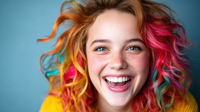 A vibrant young girl showcases her colorful, curly hair and bright smile against a simple backdrop, radiating joy and innocence, capturing youthful exuberance and creativity.