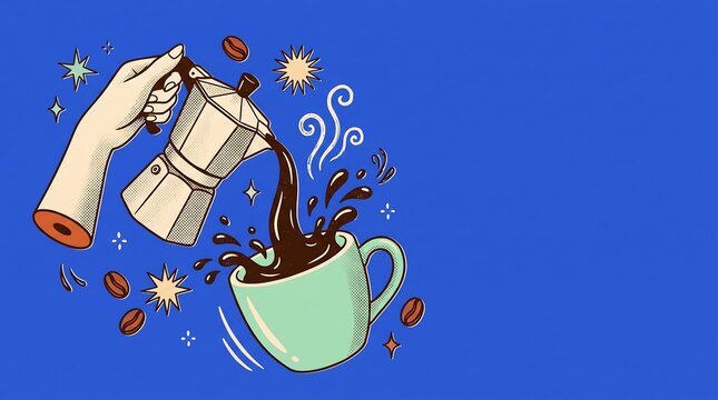 Hand pouring hot coffee from a moka pot into a cup on a blue background with copy space
