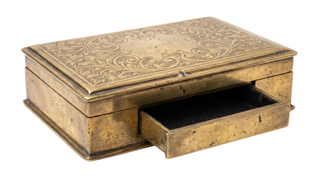 Vintage brass jewelry box with ornate floral engraving, antique metal storage chest with open drawer, decorative gold keepsake container isolated PNG with Transparent Background