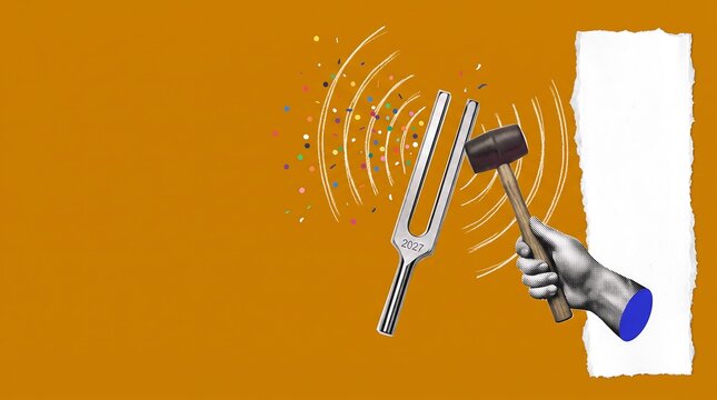 Hand holding a mallet striking a metal tuning fork on an orange background