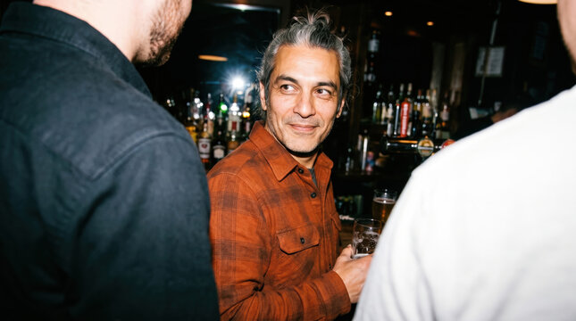 Friends share conversation at a dimly lit bar