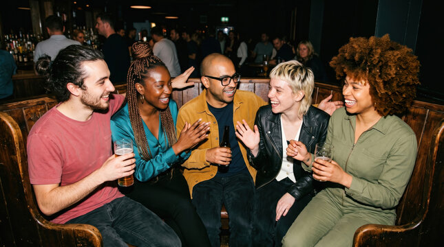 Diverse friends laugh together over drinks at a bar